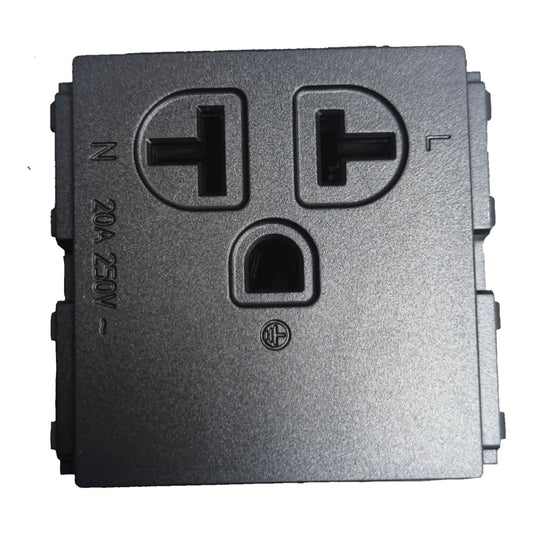 A black metal double outlet electrical socket panel, showing the front face with two T-type outlets and a grounding hole, on a white background.
