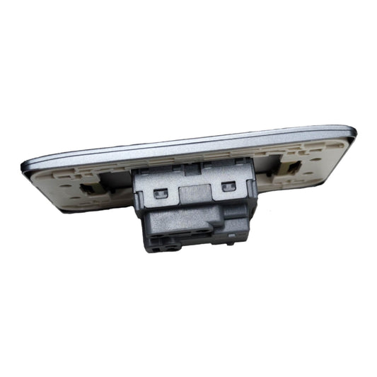 A replacement rear-view mirror assembly with a gray plastic mounting bracket and a beige backing plate, shown against a plain white background.