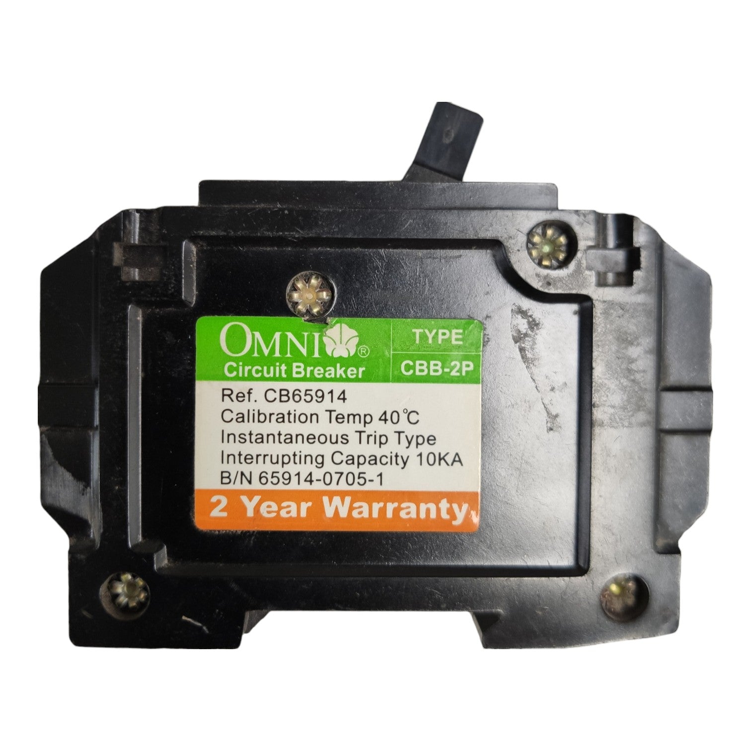 An Omni Circuit Breaker, model CBB-2P, shown from the front against a white background. The product is a black plastic electrical component with a prominent green, white, and orange label on the front face.