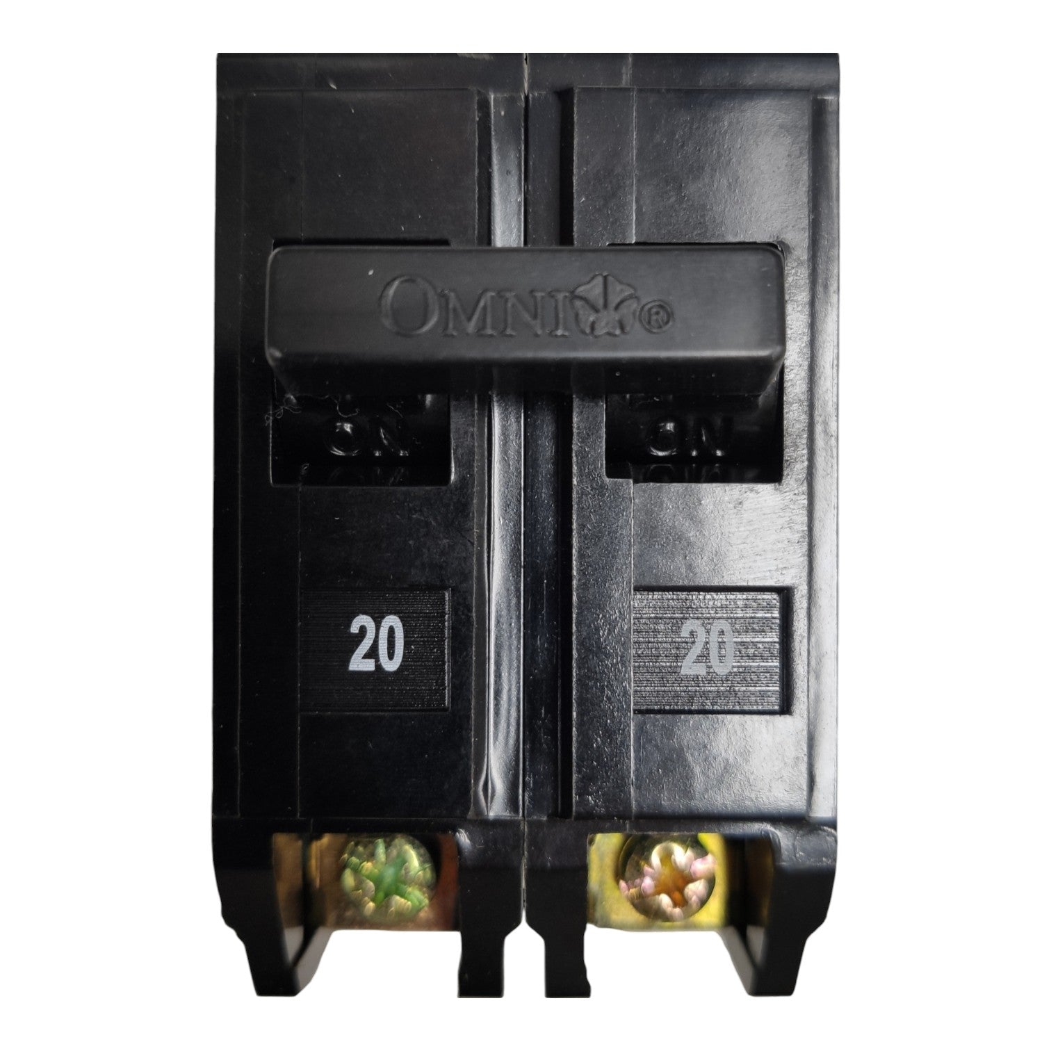 A black Omni 20A marine circuit breaker with brass screw terminals visible at the bottom, shown against a plain white background.