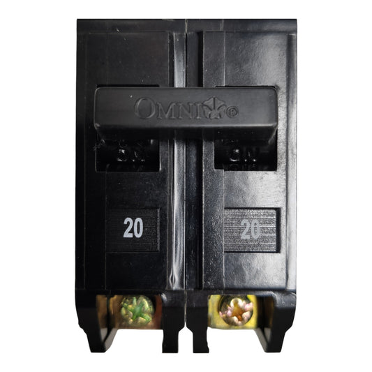 A black Omni 20A marine circuit breaker with brass screw terminals visible at the bottom, shown against a plain white background.