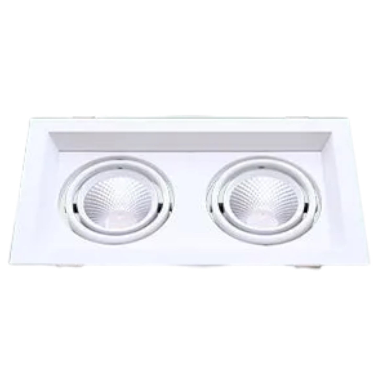 A square white recessed dual light fixture with two round LED lamp housings, shown against a plain white background.