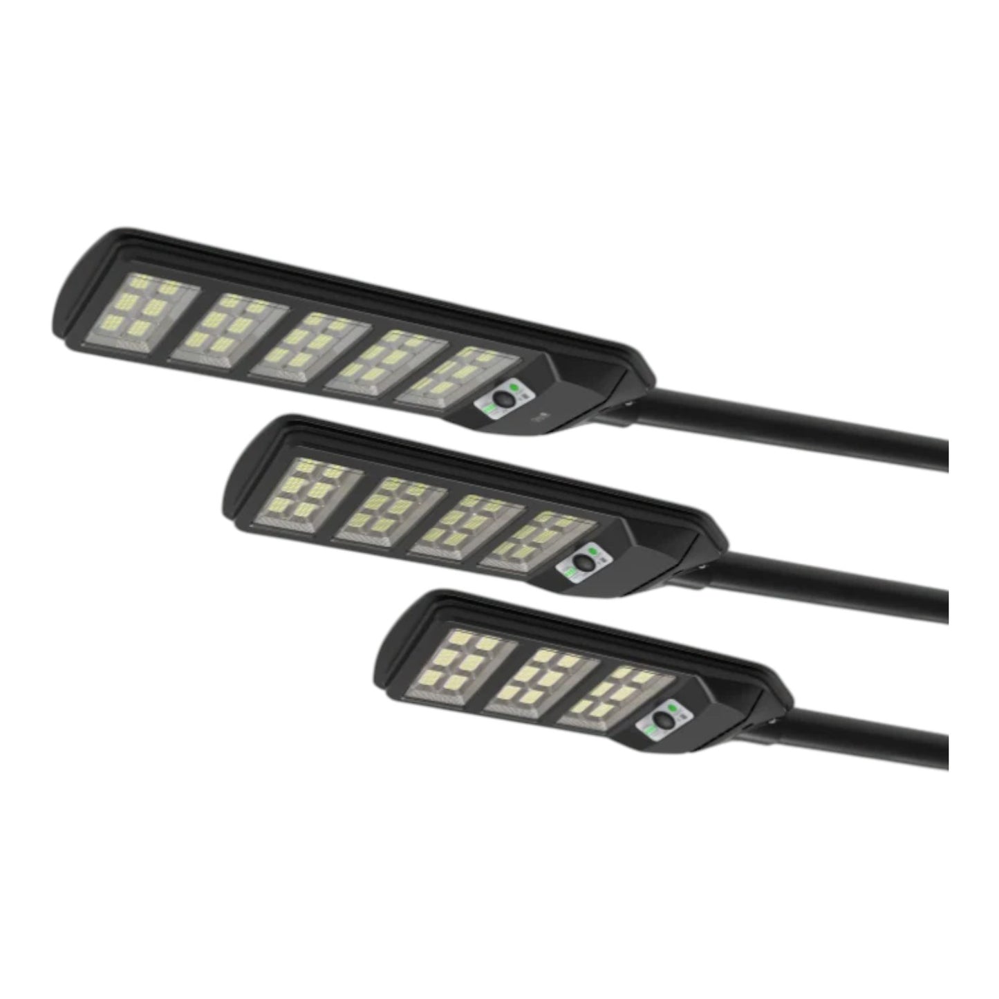 Three black solar-powered LED streetlights arranged diagonally on a plain white background.