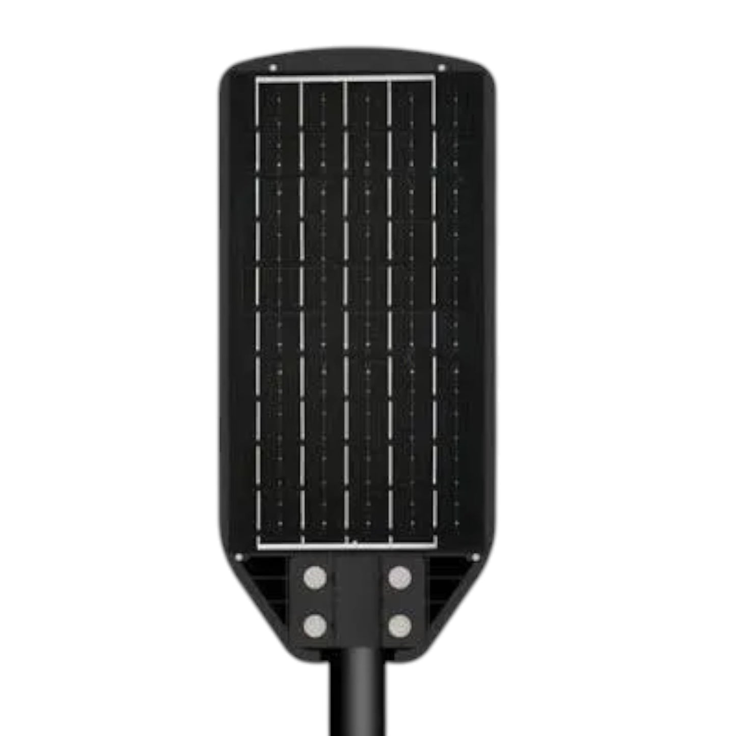 A black solar-powered outdoor street light fixture with a rectangular solar panel face and a mounting pole, shown against a plain white background.