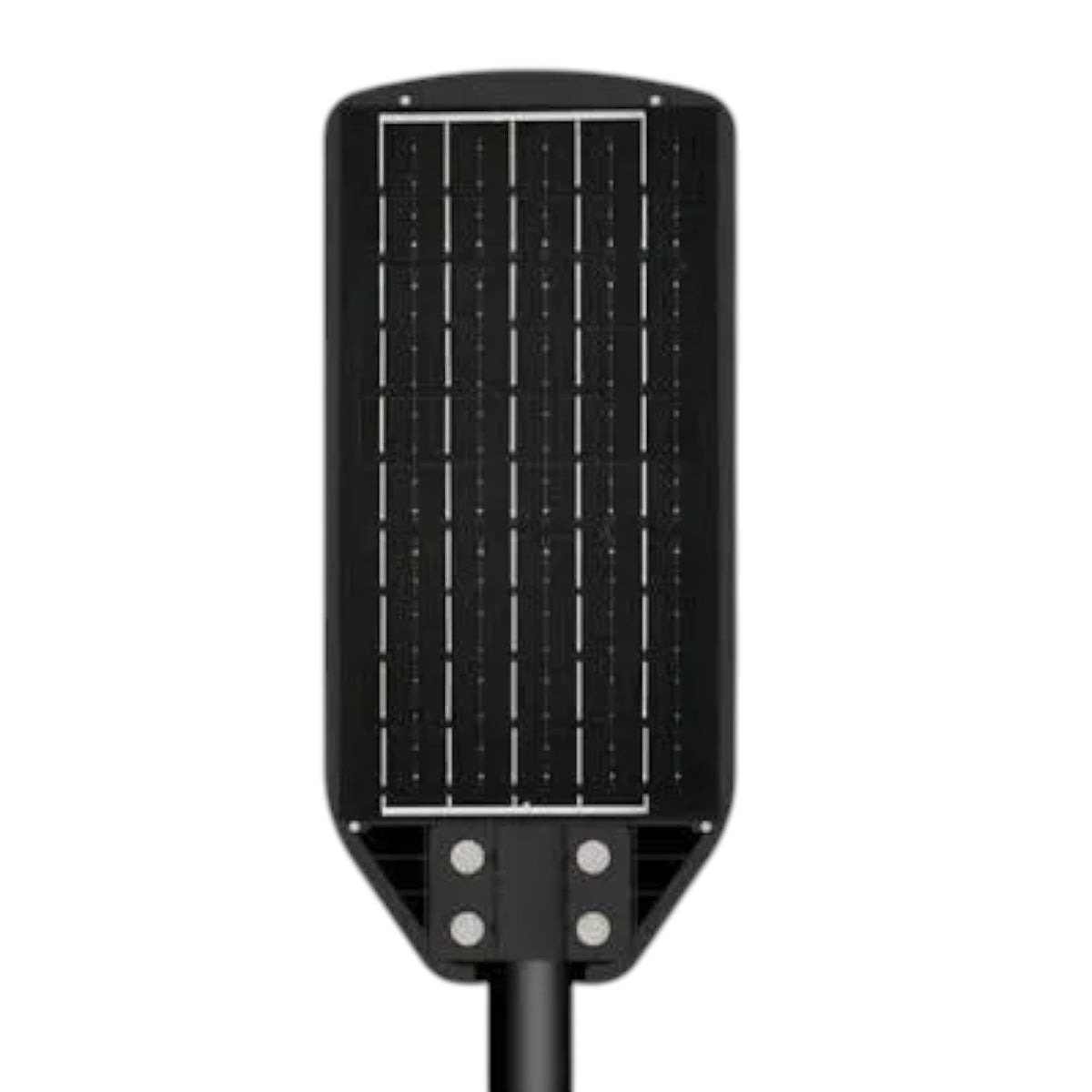 A black solar-powered outdoor street light fixture with a rectangular solar panel face and a mounting pole, shown against a plain white background.
