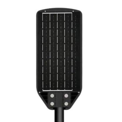 A black solar-powered outdoor street light fixture with a rectangular solar panel face and a mounting pole, shown against a plain white background.