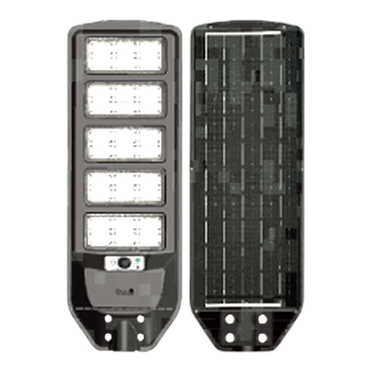 A dual-view product shot of a solar-powered outdoor street light. The left side shows the front face with five rectangular LED light panels, while the right side shows the back face with a dark solar panel array.