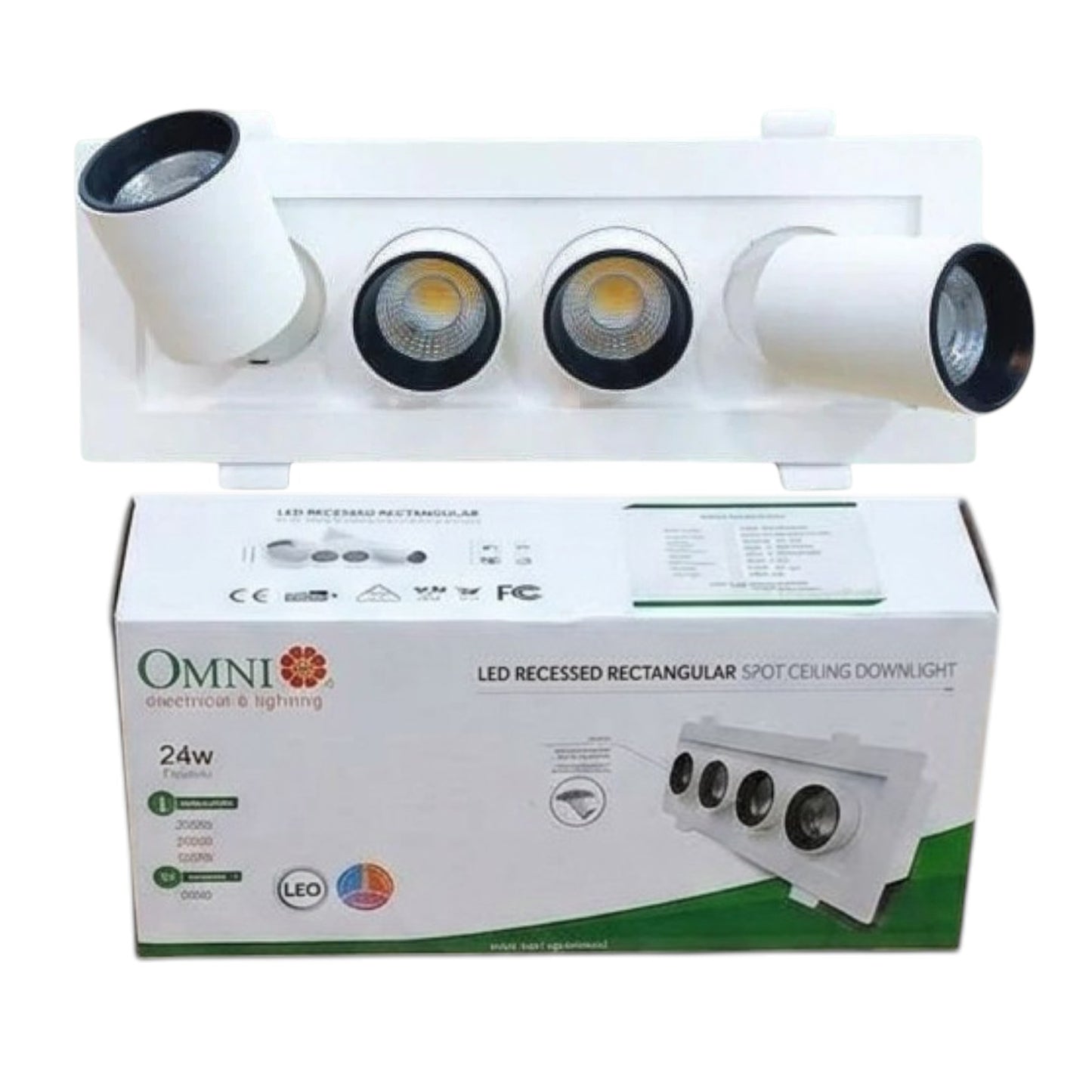 A white 3-light recessed rectangular ceiling downlight fixture shown above its branded retail box. The product has three adjustable white cylindrical heads with black trim and clear lenses, and the box reads OMNI Electrical & Lighting and LED Recessed Rectangular Spot Ceiling Downlight, 24W.