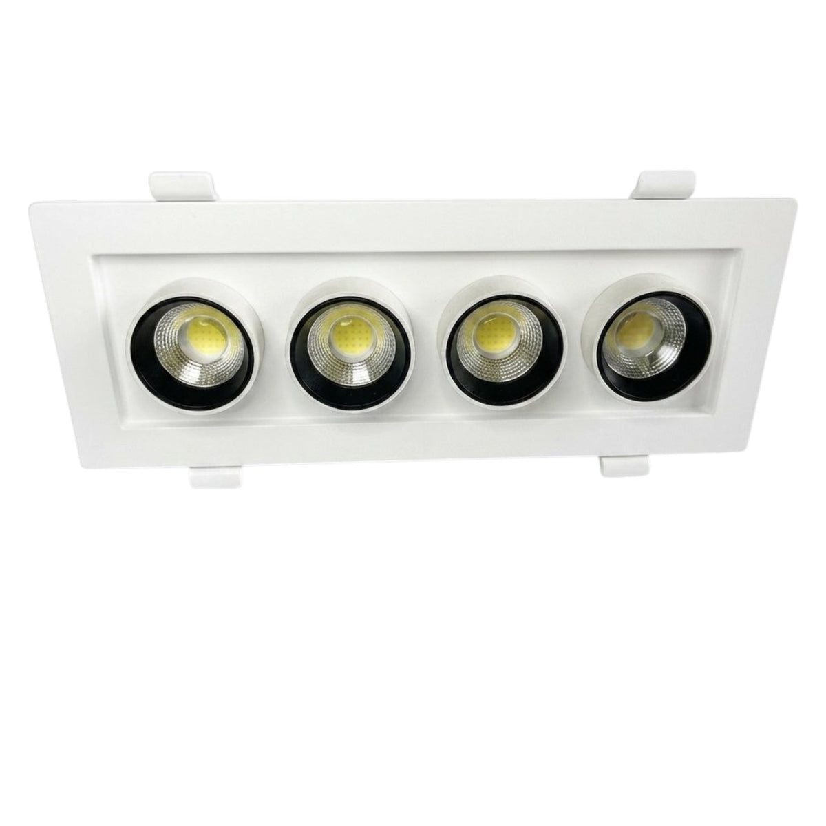 Five-light vanity light fixture with clear glass shades on a white background