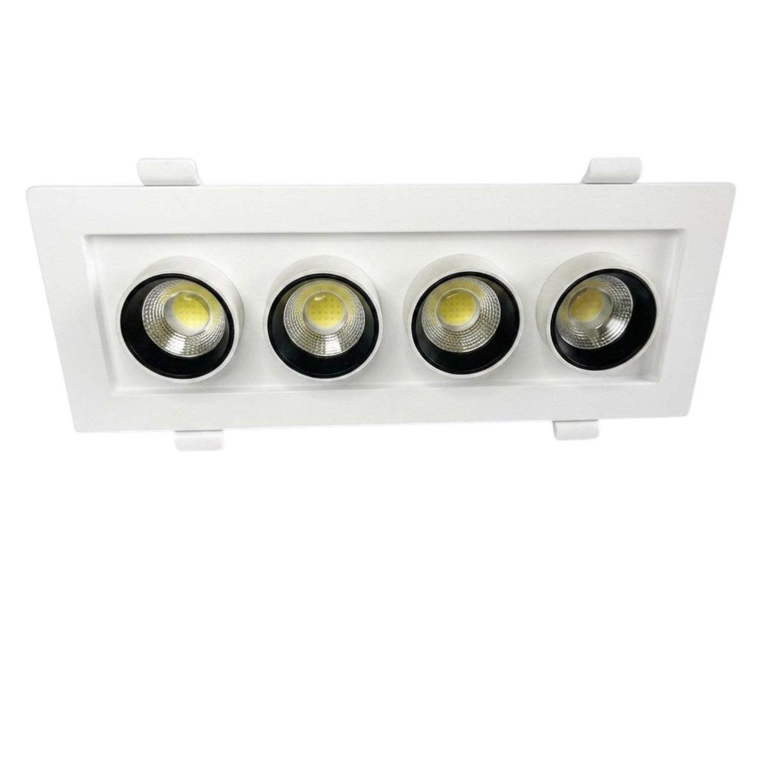 Five-light vanity light fixture with clear glass shades on a white background