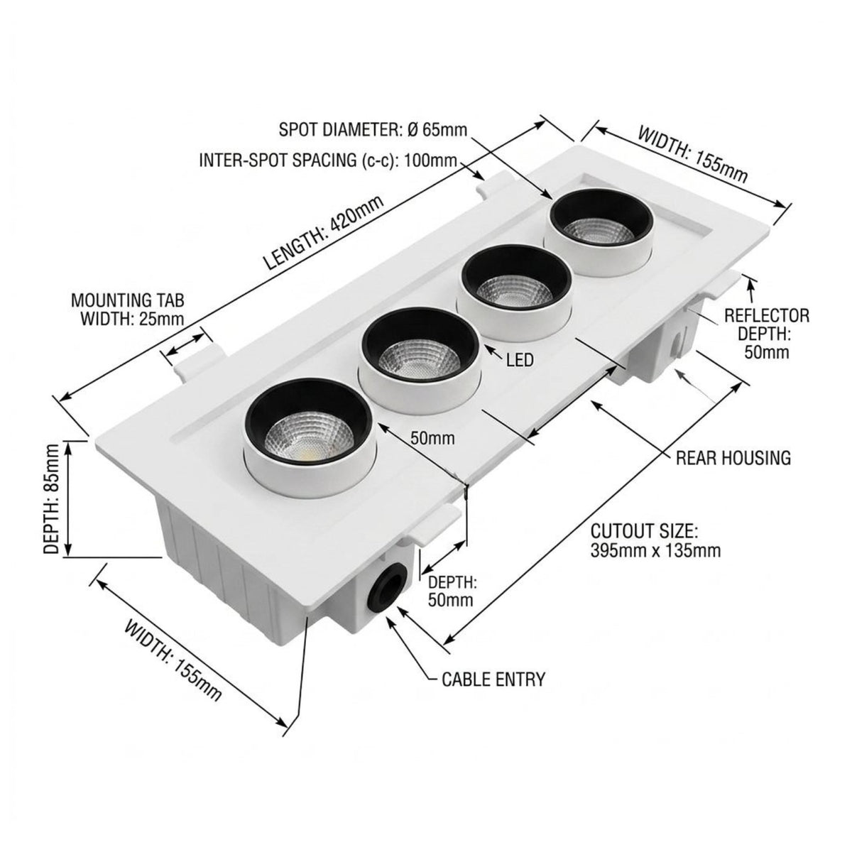 Technical dimension diagram of a white rectangular recessed LED light fixture with four circular reflector lenses, showing labeled measurements such as length, width, depth, spot diameter, and cutout size on a white background.