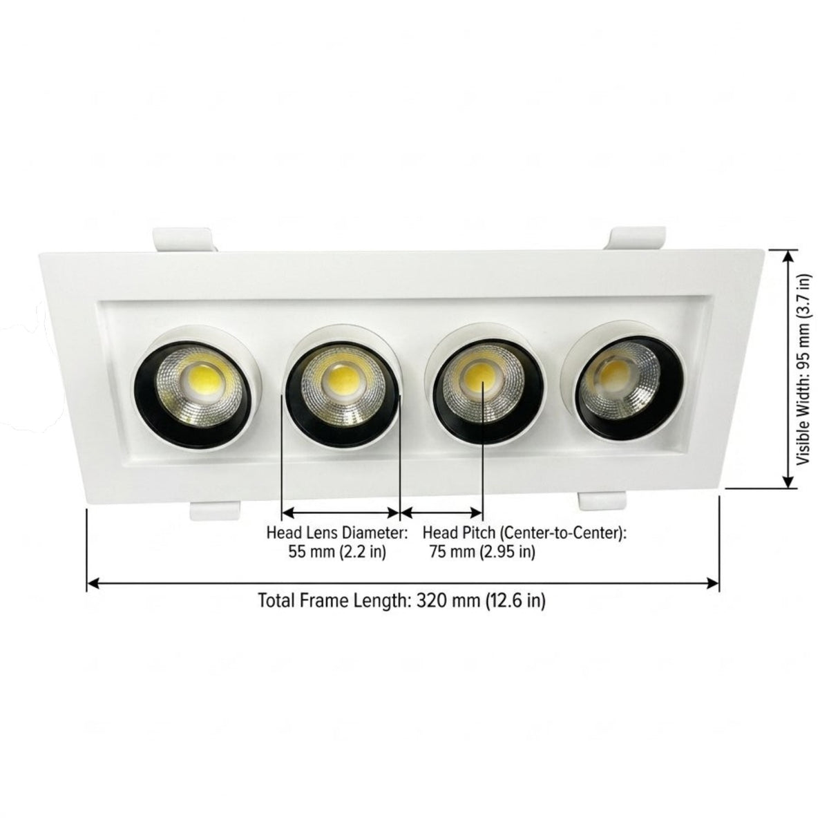 A white four-light recessed spotlight fixture shown on a white background with measurement callouts for total frame length, head lens diameter, head pitch, and visible width.