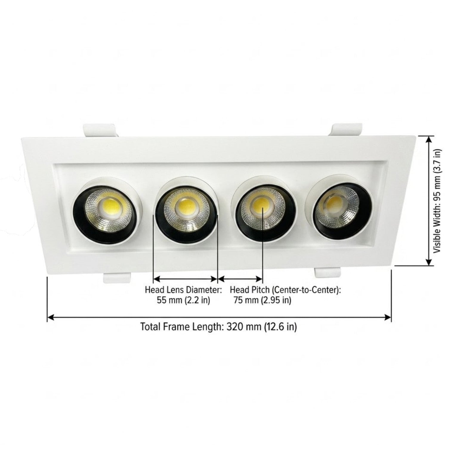 A white four-light recessed spotlight fixture shown on a white background with measurement callouts for total frame length, head lens diameter, head pitch, and visible width.