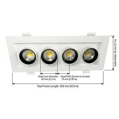 A white four-light recessed spotlight fixture shown on a white background with measurement callouts for total frame length, head lens diameter, head pitch, and visible width.