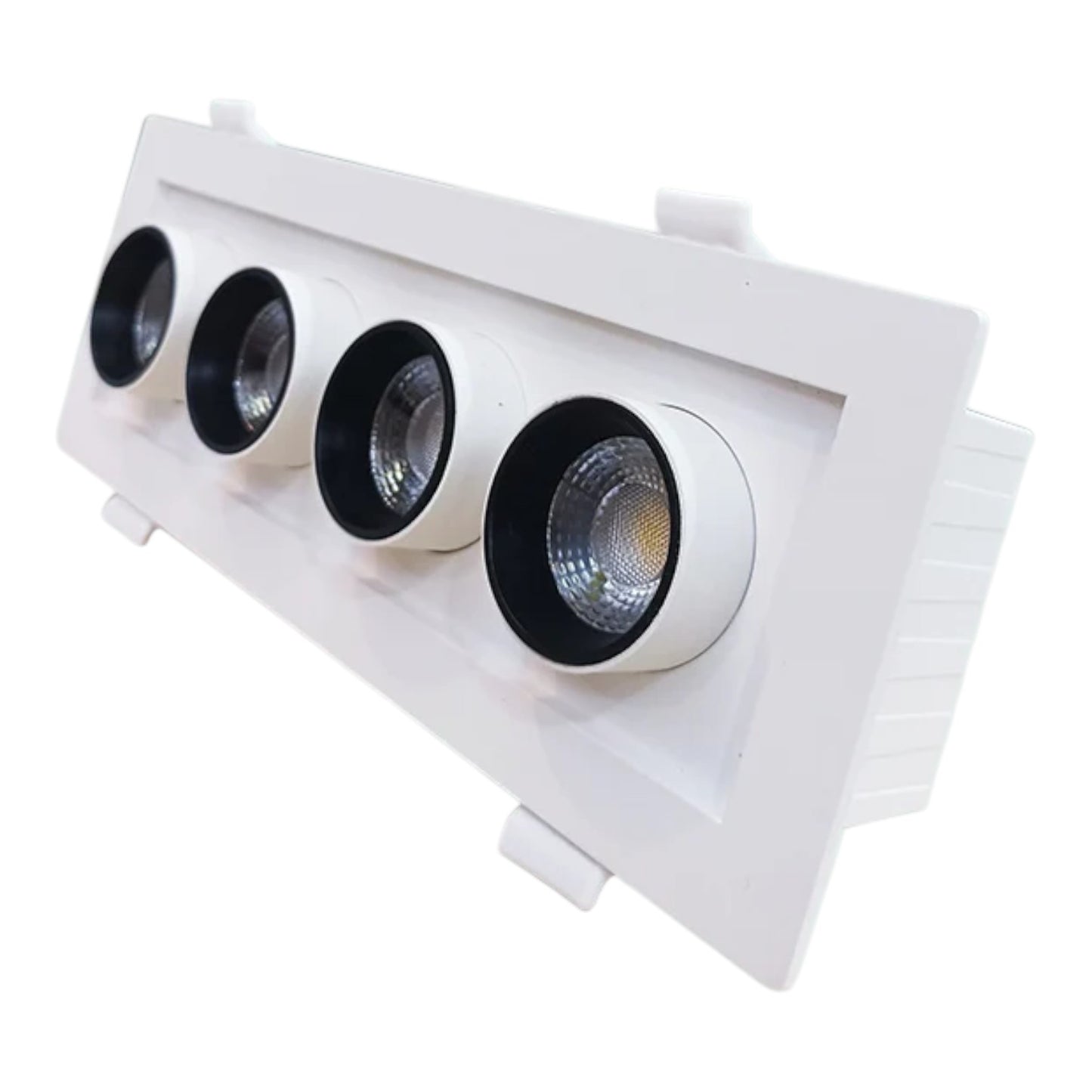 A white four-light recessed ceiling light fixture with adjustable spotlight heads, shown at an angle on a plain white background.