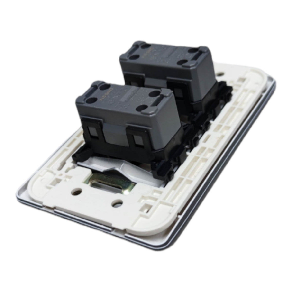 A two-gang electrical switch module showing the rear side with two black push-button modules mounted on a white plastic backplate.