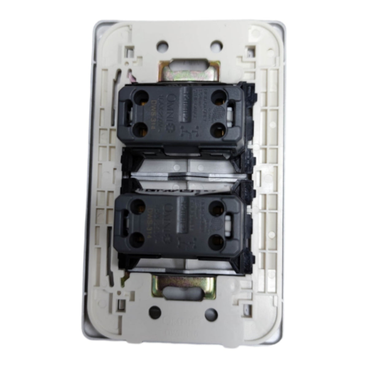 A double-gang electrical outlet cover plate with black double-socket switches installed, shown against a plain white background.
