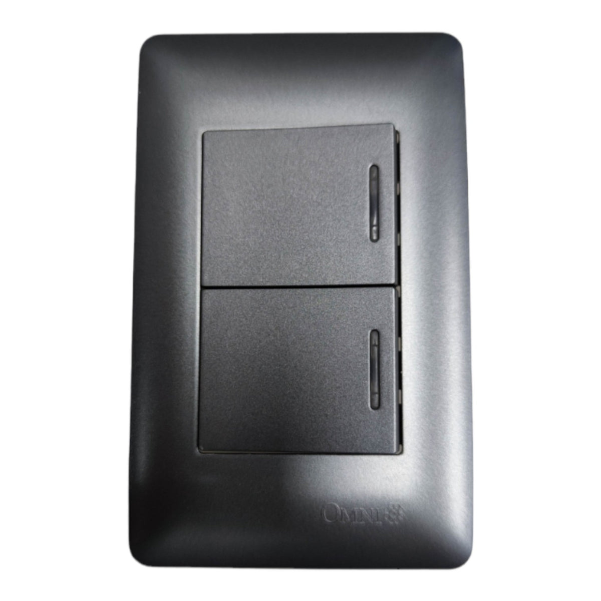 A black double switch plate with two rectangular switches and slim vertical pull tabs, shown against a plain white background.