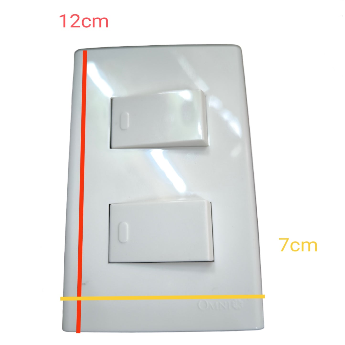 A white double switch plate shown on a white background with red, yellow, and orange dimension lines and text indicating 12cm height, 7cm width, and a red left-side measurement line.