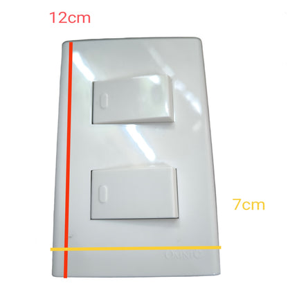 A white double switch plate shown on a white background with red, yellow, and orange dimension lines and text indicating 12cm height, 7cm width, and a red left-side measurement line.