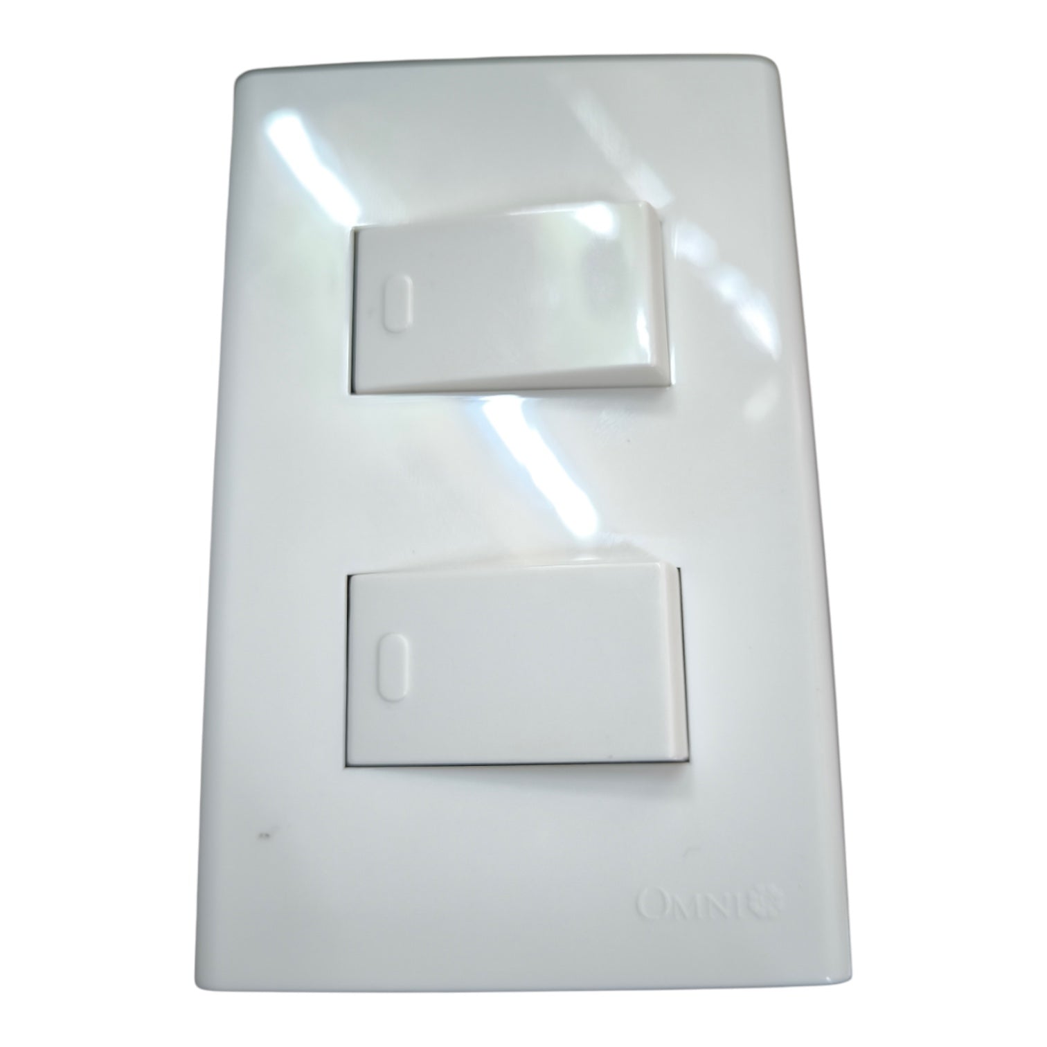 A white double switch plate with two rectangular toggle switches, featuring the ONNIS brand name embossed at the bottom right, set against a plain white background.
