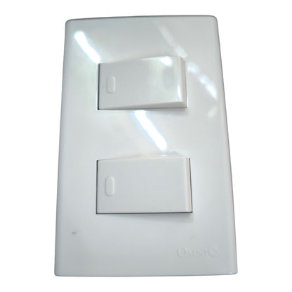 A white double switch plate with two rectangular toggle switches, featuring the ONNIS brand name embossed at the bottom right, set against a plain white background.