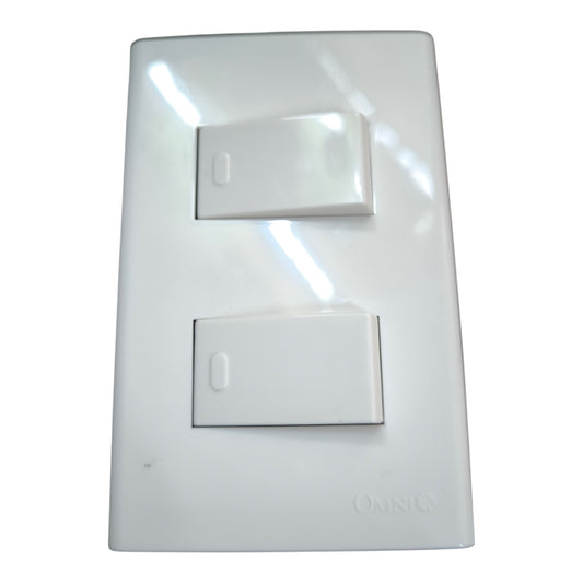 A white double switch plate with two rectangular toggle switches, featuring the ONNIS brand name embossed at the bottom right, set against a plain white background.