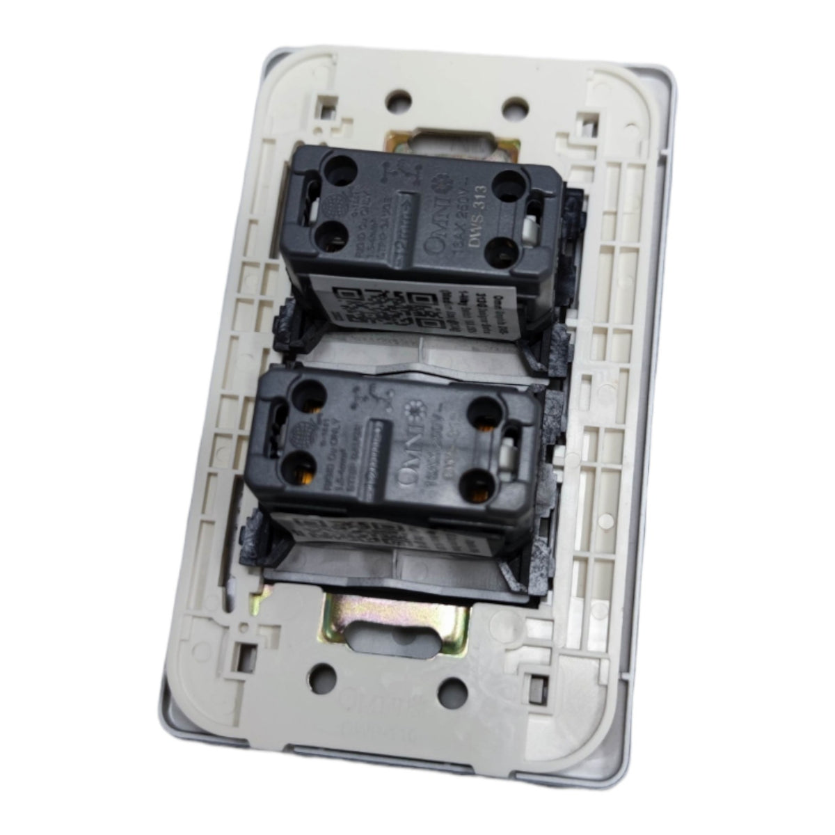 A two-way electrical switch module with two black contact modules mounted on a light gray plastic backplate, shown against a plain white background.