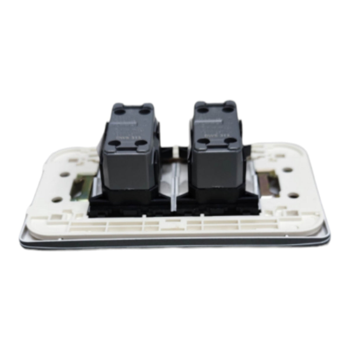 A two-button electrical switch module with black rocker switches mounted on a white plastic base plate, isolated on a white background.