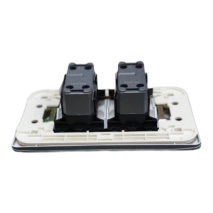 A two-button electrical switch module with black rocker switches mounted on a white plastic base plate, isolated on a white background.