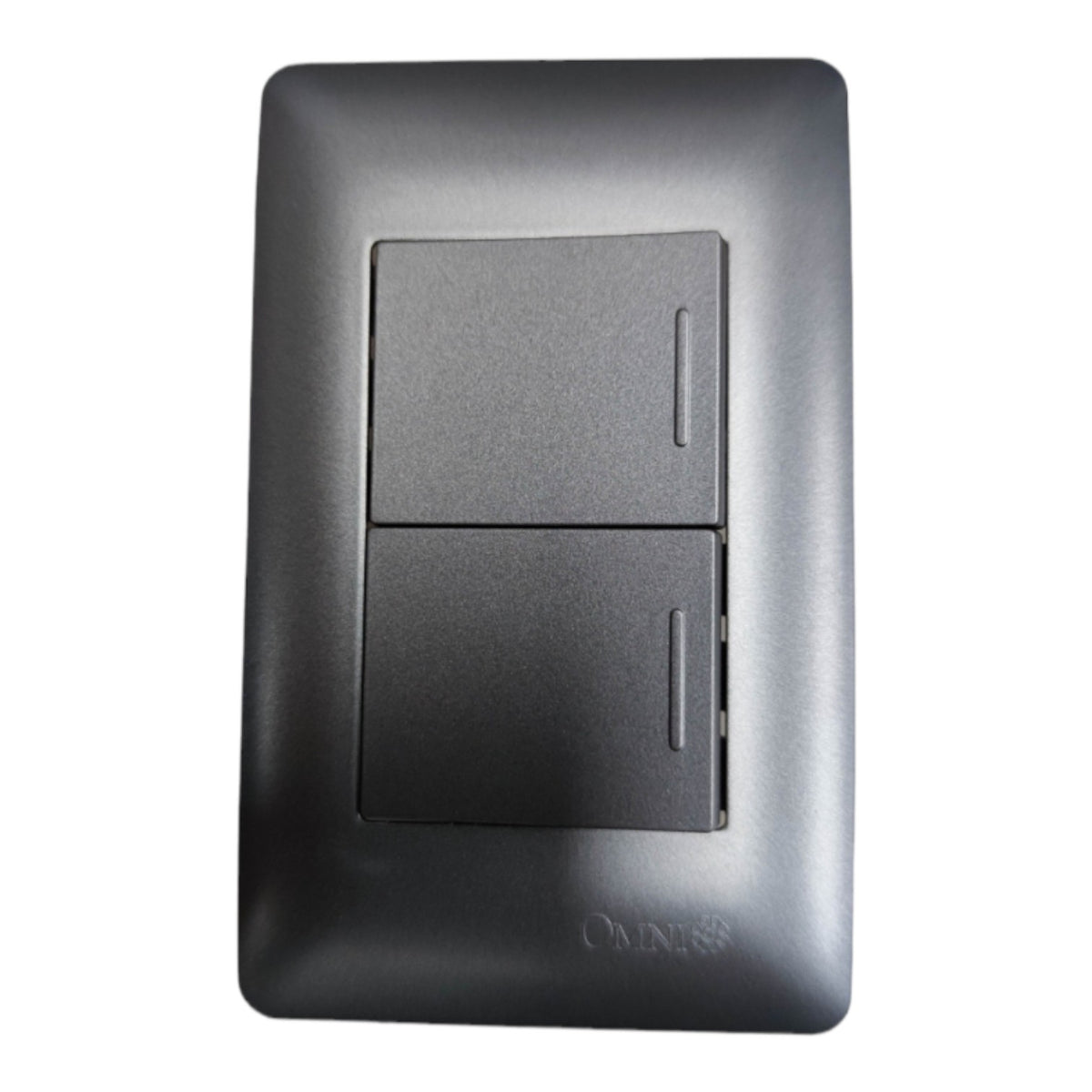A black two-switch light switch plate with a matte finish and the brand name 'OMNIS' printed near the bottom, shown against a plain white background.