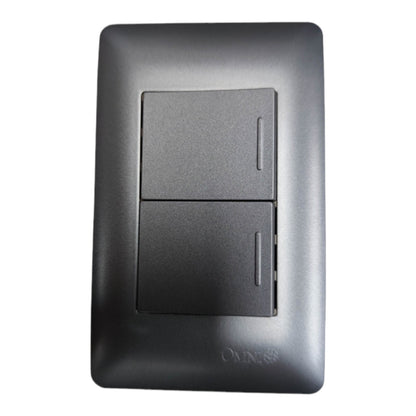 A black two-switch light switch plate with a matte finish and the brand name 'OMNIS' printed near the bottom, shown against a plain white background.