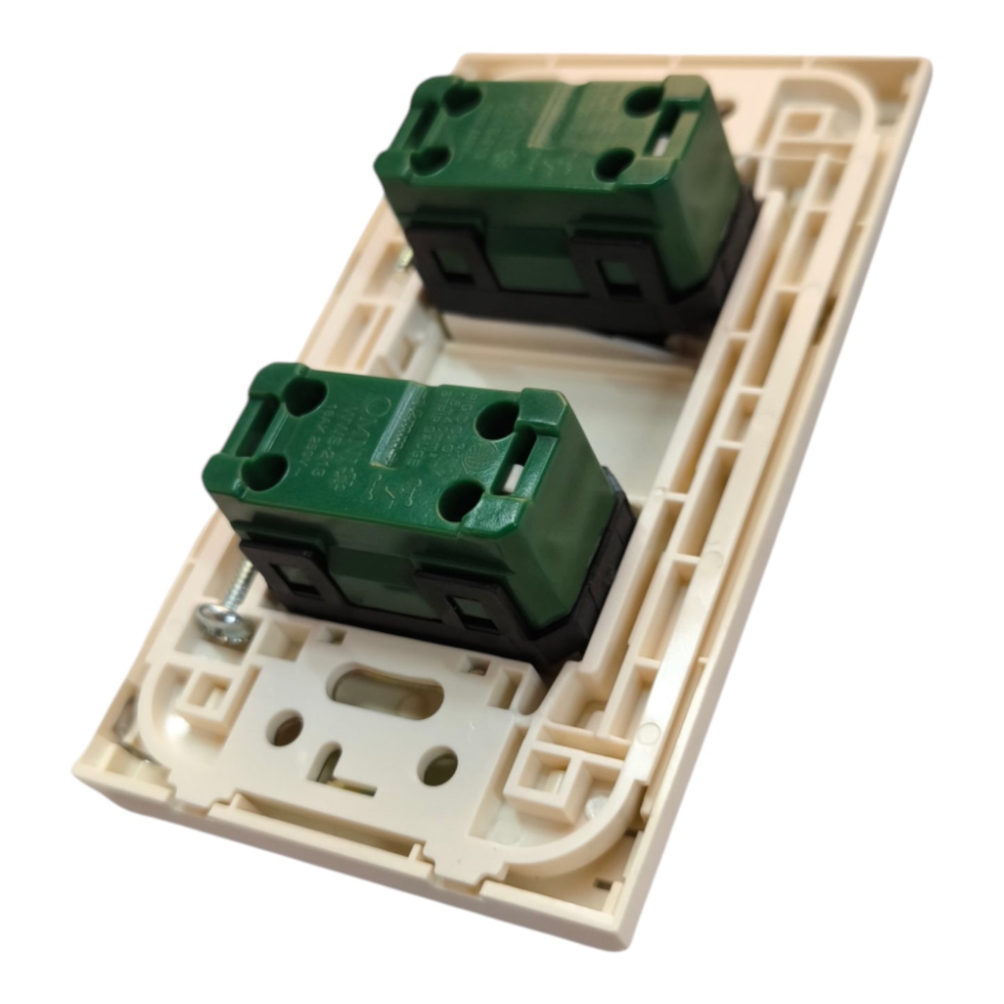 A dual-switch electrical outlet backplate assembly in cream plastic, featuring two green and black push-in relay components.