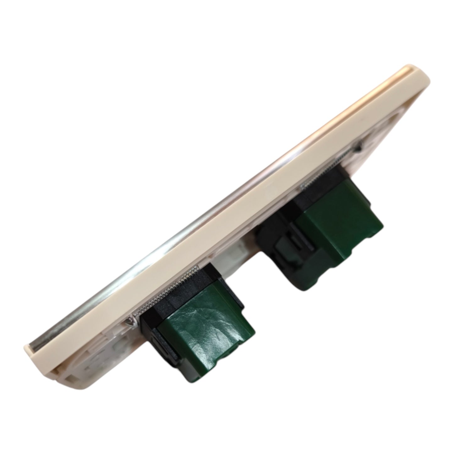 A replacement electronic component, likely a power supply or adapter module, featuring a beige plastic casing, a clear protective cover, and two dark green connector blocks, shown on a solid white background.