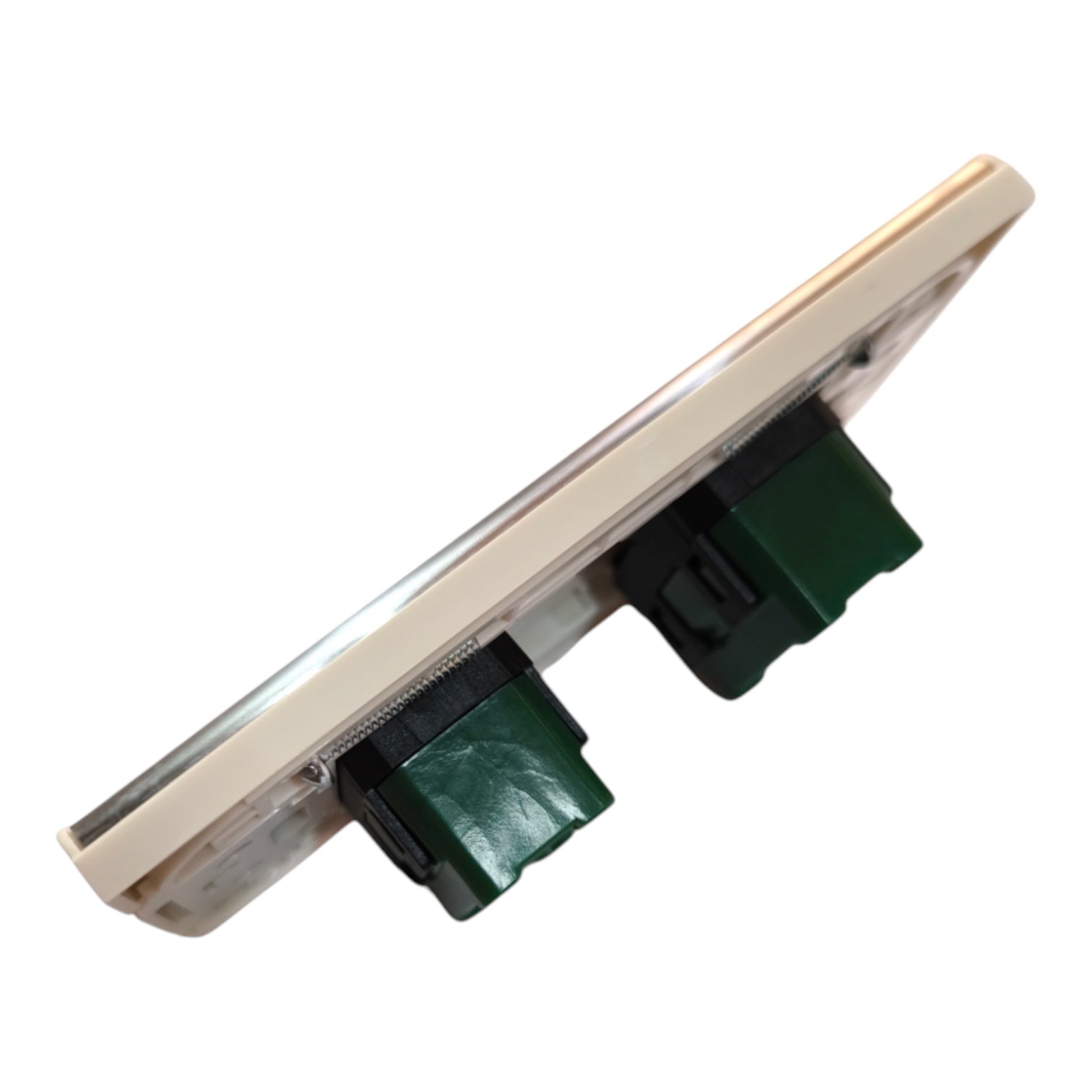 A replacement electronic component, likely a power supply or adapter module, featuring a beige plastic casing, a clear protective cover, and two dark green connector blocks, shown on a solid white background.