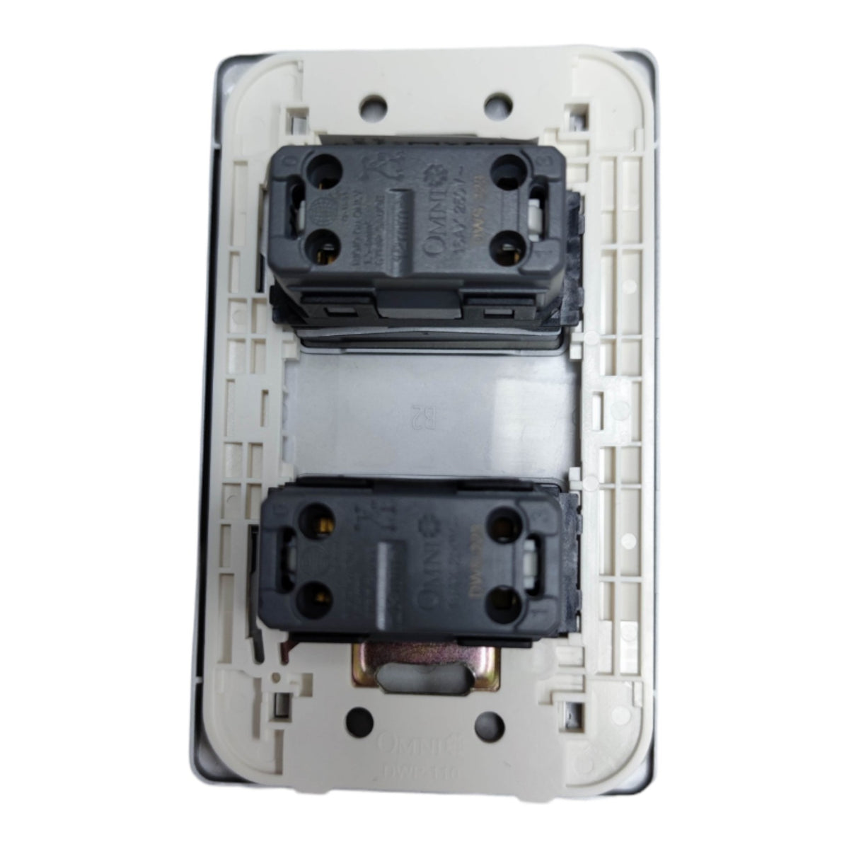 A close-up of a double-gang wall switch module showing the rear side with two black electrical sockets and a white plastic backplate.