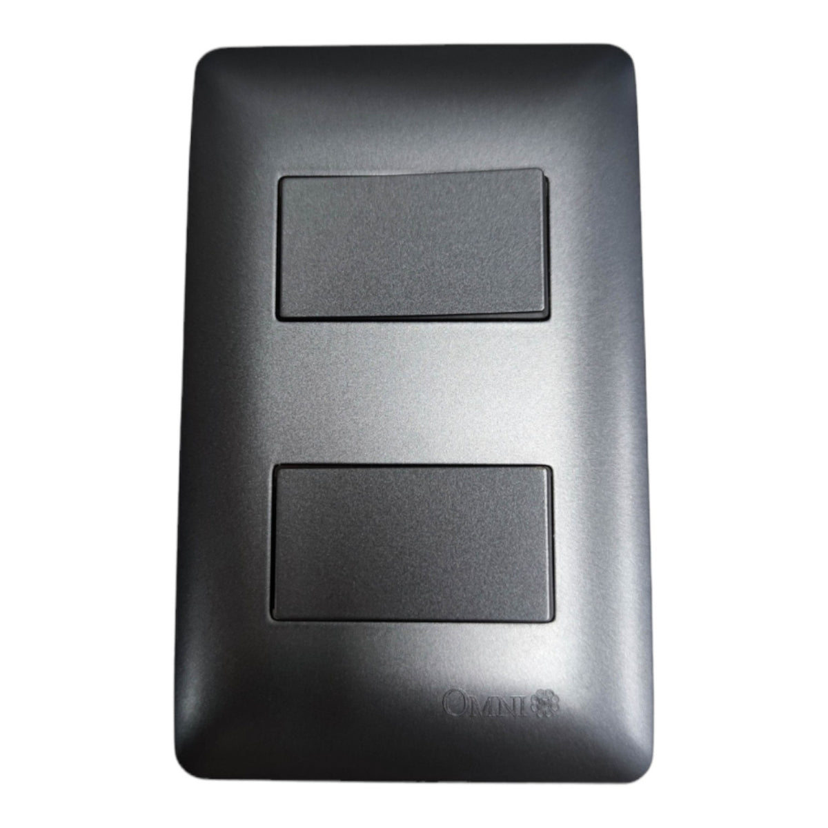 A black two-switch wall plate with a matte finish and a subtle embossed logo at the bottom, shown against a plain white background.