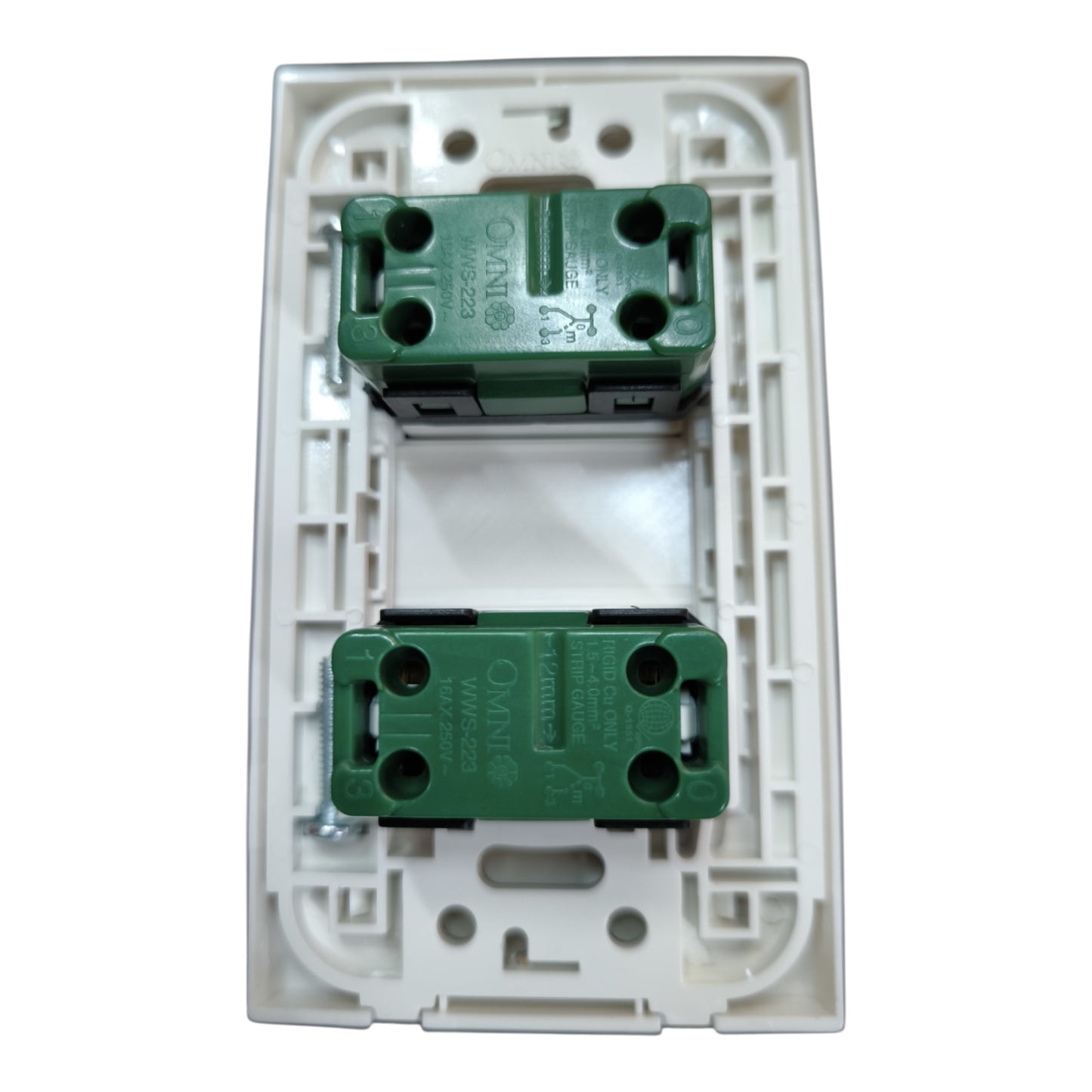 An off-white plastic double-gang switch plate showing the back side with two green terminal blocks for wiring, branded ONS.