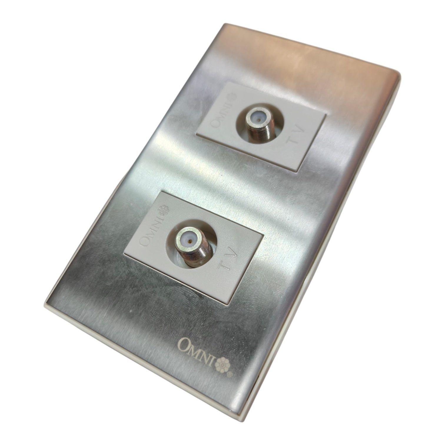 A brushed stainless steel dual 1V port panel with ONNI branding, shown at an angle on a white background.