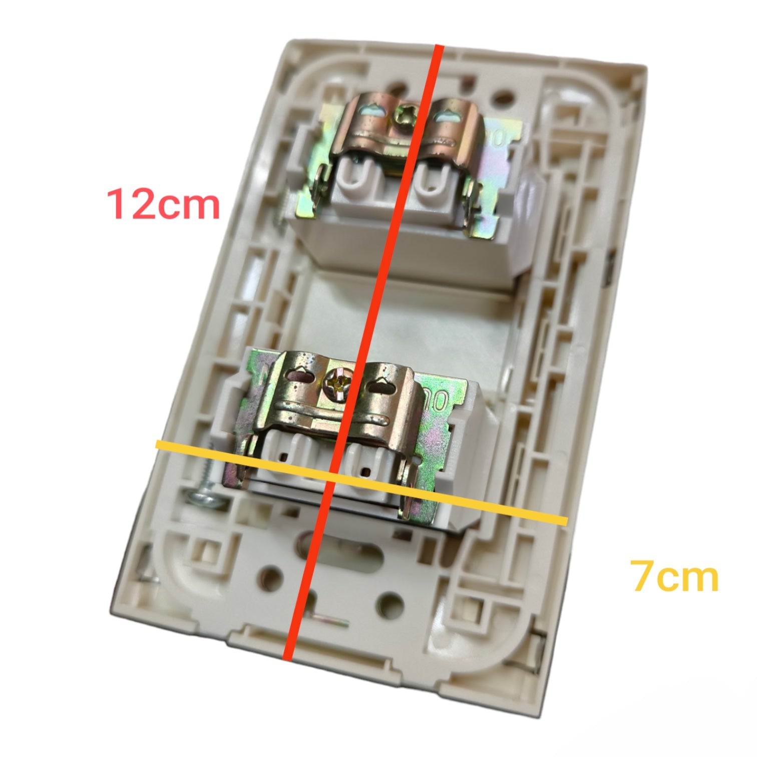 A dual electrical outlet base plate shown on a white background with red and yellow measurement lines and text indicating dimensions of 12cm and 7cm.