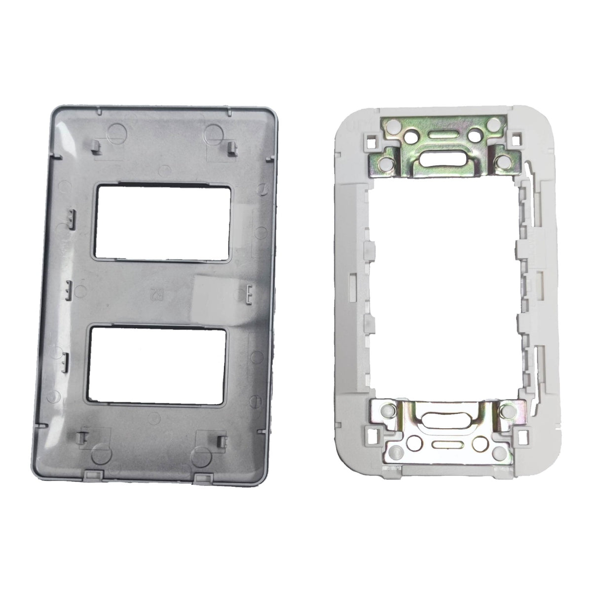 A pair of replacement electrical outlet faceplates shown side-by-side against a white background. The left plate is a translucent gray cover plate, and the right plate is a white backplate showing the internal metal mounting hardware.