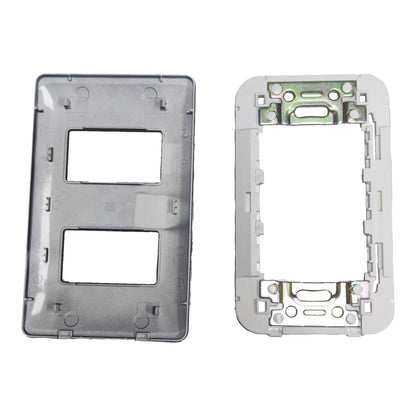 A pair of replacement electrical outlet faceplates shown side-by-side against a white background. The left plate is a translucent gray cover plate, and the right plate is a white backplate showing the internal metal mounting hardware.