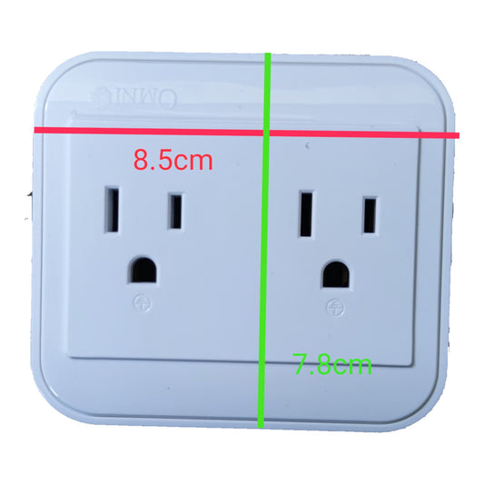 A white electrical outlet cover with dimension markings showing 8.5 cm width and 7.
