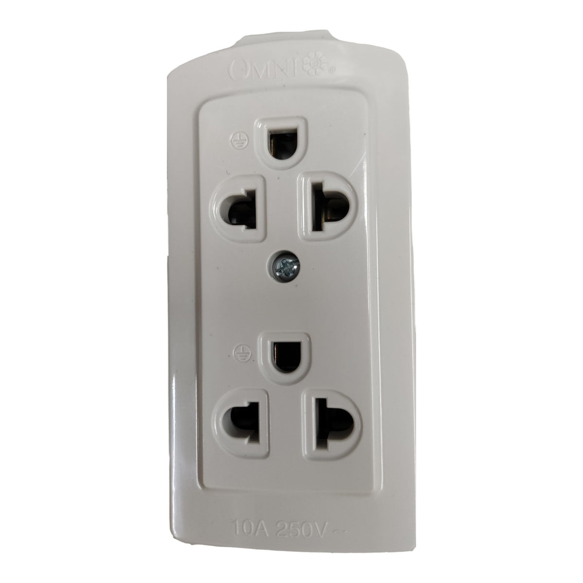 An Omnilite 10A 250V double outlet electrical wall socket cover in a light gray plastic finish, shown against a plain white background.