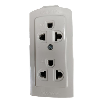 An Omnilite 10A 250V double outlet electrical wall socket cover in a light gray plastic finish, shown against a plain white background.