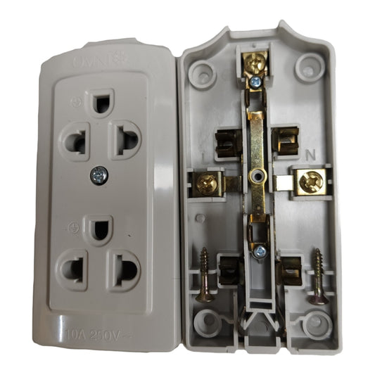 An open double outlet electrical outlet cover plate showing the internal metal terminals, screws, and central support structure, photographed on a plain white background.