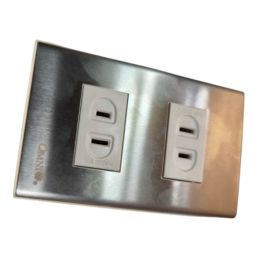 A brushed stainless steel double outlet electrical panel cover plate with two white duplex outlets, shown on a plain white background.