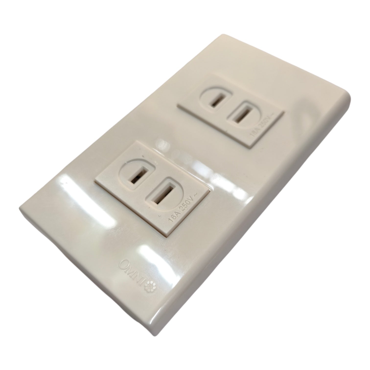 A glossy white double outlet electrical wall plate, shown at an angle on a plain white background.