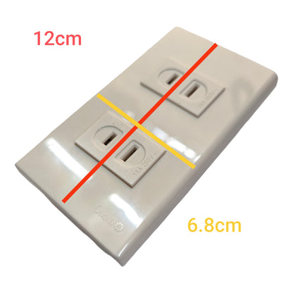 A dual electrical outlet cover plate shown at an angle on a white background, with red and yellow measurement lines and text indicating dimensions 12cm and 6.8cm.