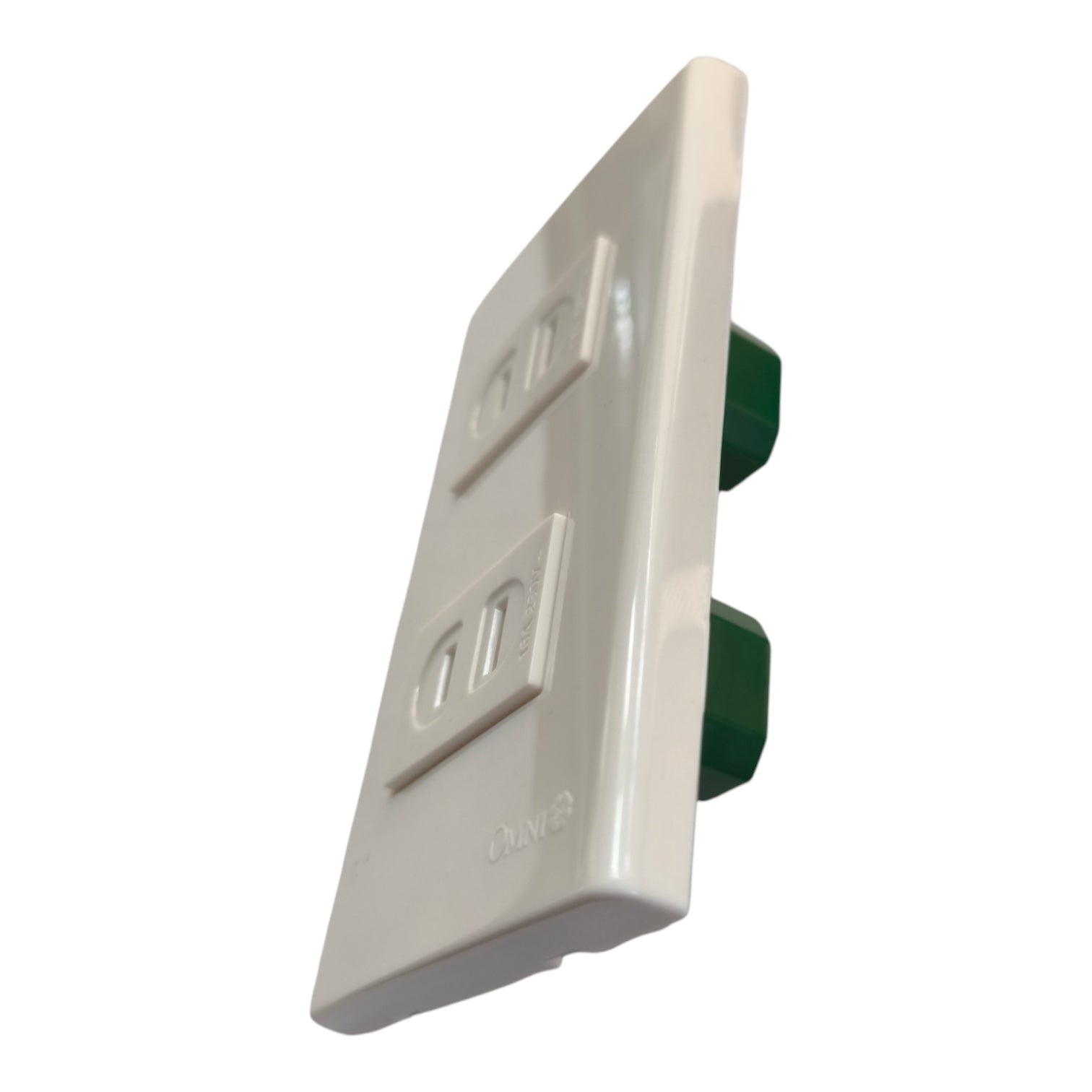 A white double-gang wall switch plate with two single-pole switches, featuring green terminal blocks visible on the right side, shown against a plain white background.